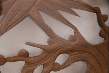 アンティーク建具　両面ガラス入り　竹と梅の彫りが和の風情を感じさせる欄間(明り取り、明かり取り)(R-049982)