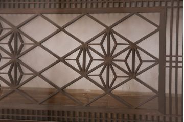 アンティーク建具　両面ガラス入り　麻の葉の組子がポイント!品のある雰囲気が素敵な欄間(明り取り、明かり取り)(R-049984)