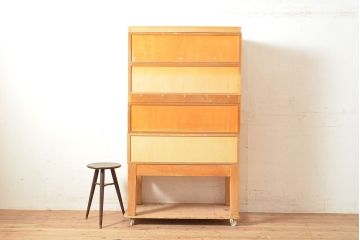 【簡易リペア限定品】レトロ家具　昭和レトロ　KIHARA　ナラ材製　作業台が付いた、ネームプレート付きカードケース(引き出し、チェスト、図書館、図書室)(R-050012)