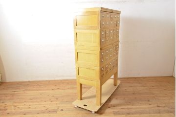 【簡易リペア限定品】レトロ家具　昭和レトロ　KIHARA　ナチュラルスタイルにおすすめ!小物収納に便利なナラ材製ネームプレート付きカードケース(引き出し、チェスト、図書館、図書室)(R-050013)