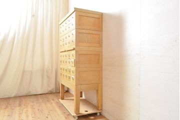 【簡易リペア限定品】レトロ家具　昭和レトロ　KIHARA　ナチュラルスタイルにおすすめ!小物収納に便利なナラ材製ネームプレート付きカードケース(引き出し、チェスト、図書館、図書室)(R-050014)