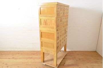 レトロ家具　昭和レトロ　KIHARA　ナチュラルスタイルにおすすめ!小物収納に便利なナラ材製ネームプレート付きカードケース(引き出し、チェスト、図書館、図書室)(R-050014)