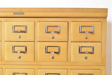 【簡易リペア限定品】レトロ家具　昭和レトロ　KIHARA　ナチュラルスタイルにおすすめ!小物収納に便利なナラ材製ネームプレート付きカードケース(引き出し、チェスト、図書館、図書室)(R-050015)