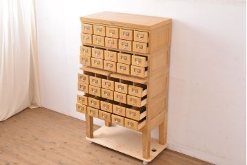 【簡易リペア限定品】レトロ家具　昭和レトロ　KIHARA　雑貨屋さん収納が叶うナラ材製ネームプレート付きカードケース(引き出し、チェスト、図書館、図書室)(R-050018)
