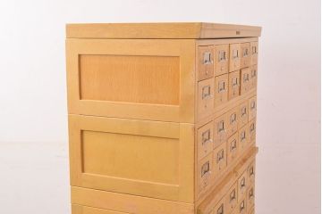 レトロ家具　昭和レトロ　KIHARA　雑貨屋さん収納が叶うナラ材製ネームプレート付きカードケース(引き出し、チェスト、図書館、図書室)(R-050018)