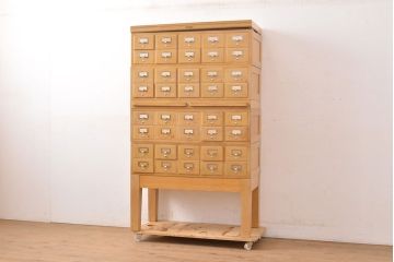 レトロ家具　昭和レトロ　KIHARA　ナラ材のあたたかみのある風合いが魅力的なネームプレート付きカードケース(引き出し、チェスト、図書館、図書室)(R-050020)