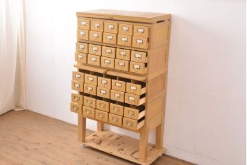 レトロ家具　昭和レトロ　KIHARA　ナラ材のあたたかみのある風合いが魅力的なネームプレート付きカードケース(引き出し、チェスト、図書館、図書室)(R-050020)
