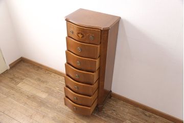 中古　イタリア輸入家具　象嵌入りのエレガントな雰囲気漂う縦型チェスト(ランジェリーチェスト、引き出し)(R-050043)