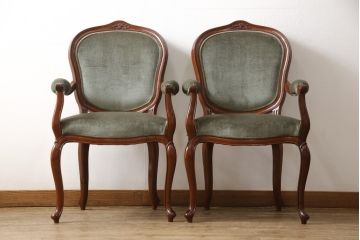 中古　高級家具　カリン材　ロココ調の優美なアームチェア2脚セット(ダイニングチェア、サロンチェア、椅子、花梨材)(R-050055)