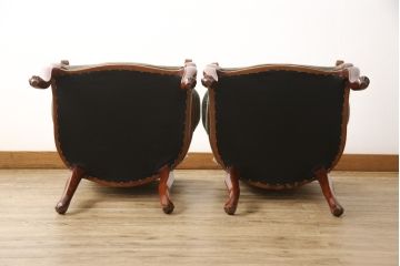 中古　高級家具　カリン材　ロココ調の優美なアームチェア2脚セット(ダイニングチェア、サロンチェア、椅子、花梨材)(R-050055)