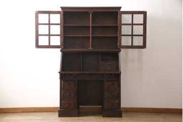 中古　神居民芸家具　クラシカルな佇まいが魅力的なライティングビューロー&スツールセット(机、ワークデスク、チェア、本箱、ブックケース)(R-050074)