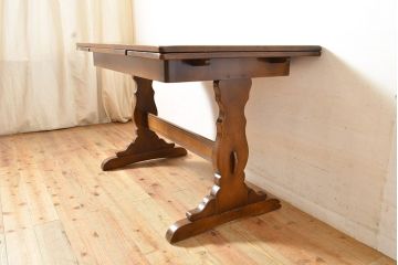 ヴィンテージ家具　イギリス　ERCOL(アーコール)　ニレ材　カントリースタイルにおすすめのドローリーフテーブル(ダイニングテーブル、エクステンション、拡張式テーブル、4人掛け、6人掛け、ビンテージ)(R-050163)