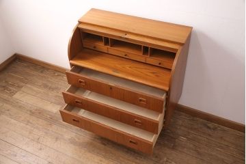 イギリスヴィンテージ　チーク材　ロールトップライティングビューロー(デスク、在宅ワーク、在宅用チェスト、ビンテージ)(R-050206)