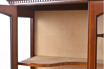 イギリスアンティーク　高級品　マホガニー材　象嵌入りの凝ったデザインがお洒落なキャビネット(ガラスケース、飾り棚)(R-050215)