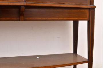 イギリスアンティーク　高級品　マホガニー材　象嵌入りの凝ったデザインがお洒落なキャビネット(ガラスケース、飾り棚)(R-050215)