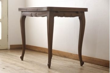 フランスアンティーク　オーク材　小ぶりなサイズが珍しい、パーケット天板のドローリーフテーブル(エクステンションテーブル、ダイニングテーブル)(R-050216)