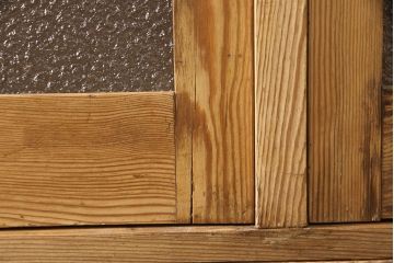 フランスアンティーク　パイン材　様々なガラスを組み合わせた扉がおしゃれなキャビネット(カップボード、食器棚)(R-050248)