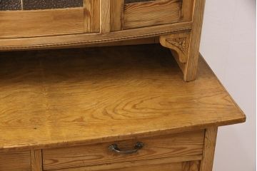 フランスアンティーク　パイン材　様々なガラスを組み合わせた扉がおしゃれなキャビネット(カップボード、食器棚)(R-050248)