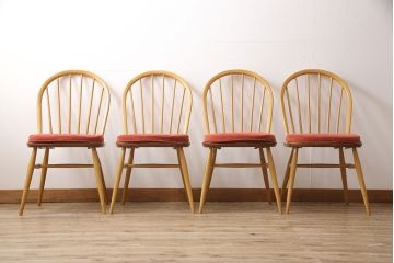 イギリスヴィンテージ　ビンテージ家具　ERCOL(アーコール)　オレンジのクッション付きのアーコールチェア4脚セット(ダイニングチェア、板座チェア、椅子)(R-050259)