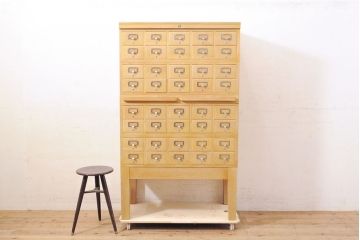 【簡易リペア限定品】レトロ家具　昭和レトロ　KIHARA　引き出し40杯!店舗什器におすすめのナラ材製ネームプレート付きカードケース(引き出し、チェスト、図書館、図書室)(R-050288)