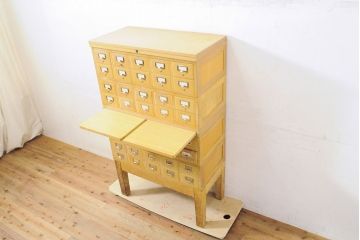 【簡易リペア限定品】レトロ家具　昭和レトロ　KIHARA　小物収納にうってつけのナラ材製ネームプレート付きカードケース(引き出し、チェスト、図書館、図書室)(R-050289)