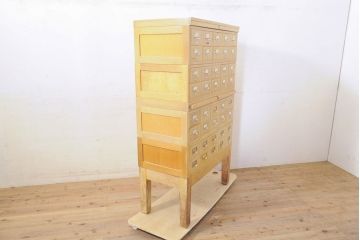 【簡易リペア限定品】レトロ家具　昭和レトロ　KIHARA　小物収納にうってつけのナラ材製ネームプレート付きカードケース(引き出し、チェスト、図書館、図書室)(R-050289)