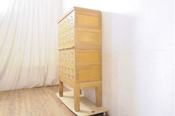 【簡易リペア限定品】レトロ家具　昭和レトロ　KIHARA　小物収納にうってつけのナラ材製ネームプレート付きカードケース(引き出し、チェスト、図書館、図書室)(R-050289)