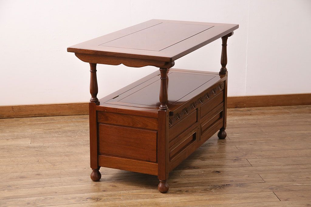 中古　カリン材製　高級家具　いろいろな使い方を楽しめる、便利なモンクスベンチ(ブランケットボックス、テーブル、サイドボード、花梨材)(R-050345)