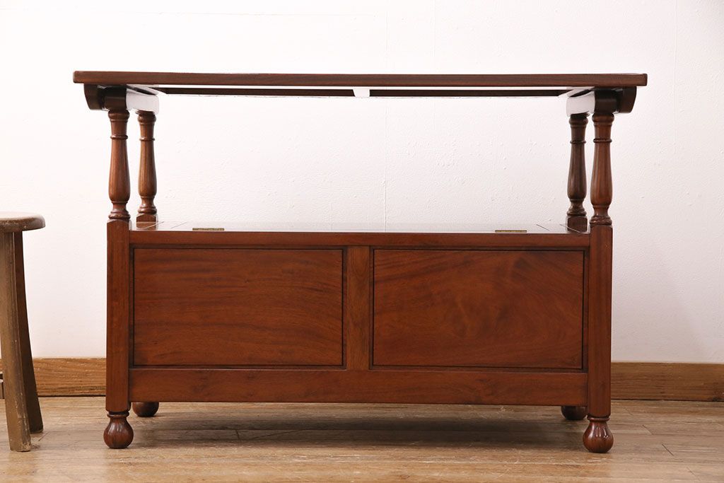 中古　カリン材製　高級家具　いろいろな使い方を楽しめる、便利なモンクスベンチ(ブランケットボックス、テーブル、サイドボード、花梨材)(R-050345)