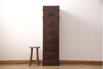 中古　美品　民芸家具　駿河民芸　縦長箪笥(チェスト、サイドチェスト、引き出し)(R-050371)