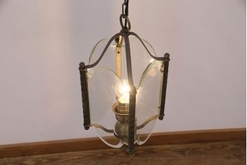 アンティーク照明　和製アンティーク　4面ガラス製の希少なデザインが魅力的な吊り下げ照明(天井照明、ペンダントライト)(R-050392)