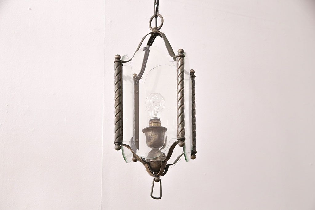 アンティーク照明　和製アンティーク　4面ガラス製の希少なデザインが魅力的な吊り下げ照明(天井照明、ペンダントライト)(R-050392)