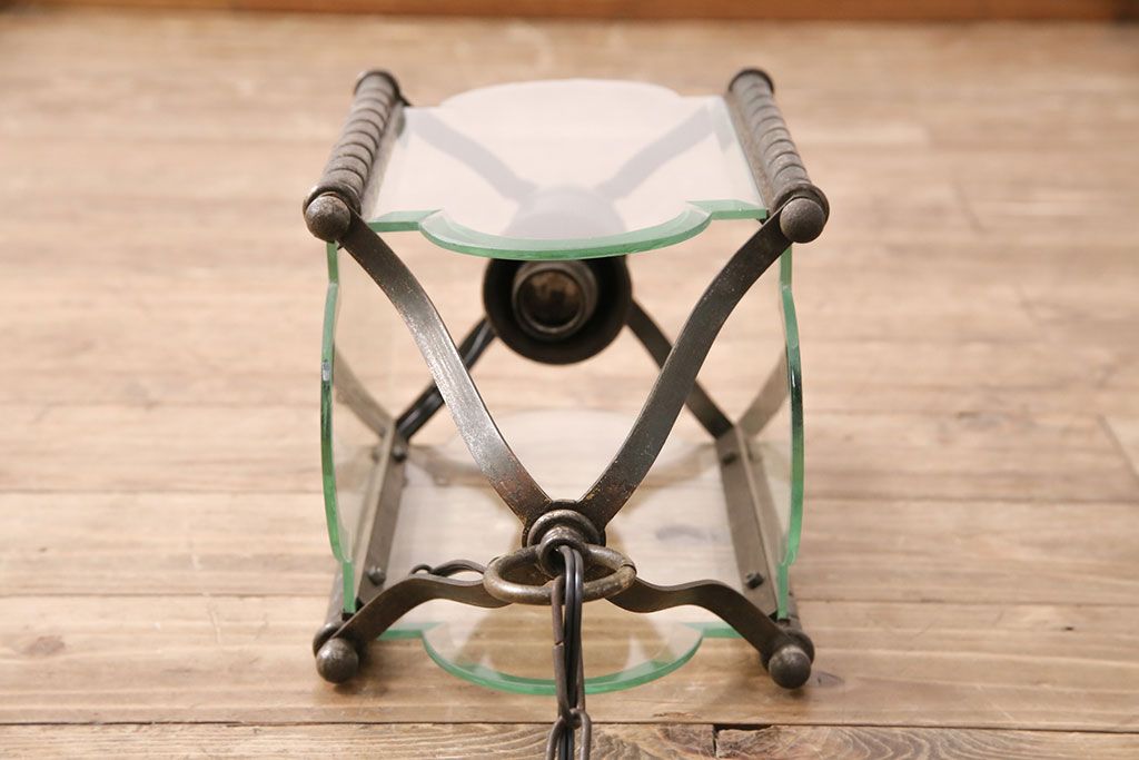 アンティーク照明　和製アンティーク　4面ガラス製の希少なデザインが魅力的な吊り下げ照明(天井照明、ペンダントライト)(R-050393)