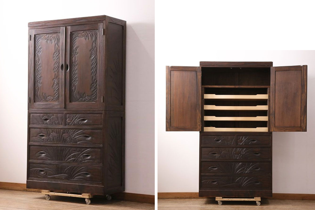 中古　軽井沢彫　衣装盆付き　菖蒲の彫刻が美しい着物箪笥　(R-050398)