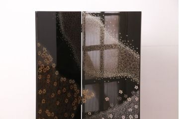 中古　美品　民芸家具　木曽塗り　3種の花の図柄が空間を彩る衝立(つい立て、パーテーション)(R-050410)