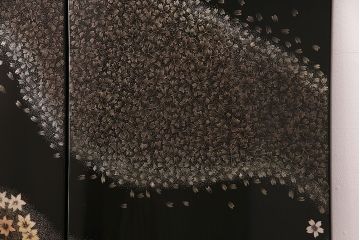 中古　美品　民芸家具　木曽塗り　3種の花の図柄が空間を彩る衝立(つい立て、パーテーション)(R-050410)