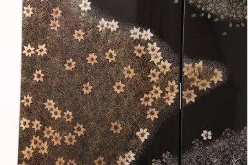 中古　美品　民芸家具　木曽塗り　3種の花の図柄が空間を彩る衝立(つい立て、パーテーション)(R-050410)