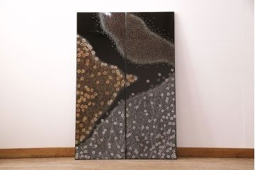 中古　美品　民芸家具　木曽塗り　3種の花の図柄が空間を彩る衝立(つい立て、パーテーション)(R-050410)