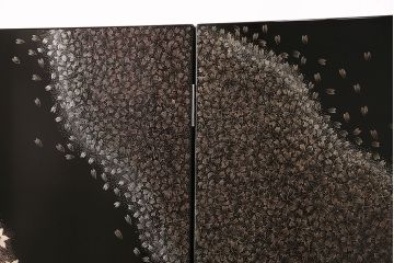 中古　美品　民芸家具　木曽塗り　3種の花の図柄が空間を彩る衝立(つい立て、パーテーション)(R-050410)