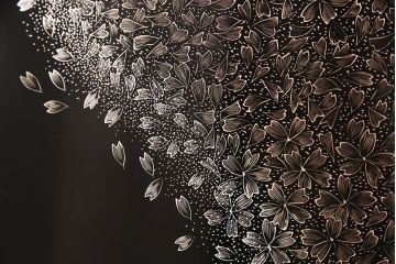 中古　美品　民芸家具　木曽塗り　3種の花の図柄が空間を彩る衝立(つい立て、パーテーション)(R-050410)