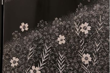 中古　美品　民芸家具　木曽塗り　3種の花の図柄が空間を彩る衝立(つい立て、パーテーション)(R-050410)