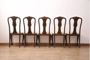 イギリスアンティーク　オーク材　細かな彫刻が気品を漂わせるチェア5脚セット(ダイニングチェア、椅子、バラ売り可能)(R-050447)