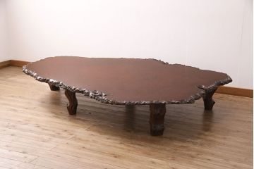 中古　美品　カリン材の鳥眼杢が美しい特大サイズの座卓(ローテーブル、花梨材)(定価300万円)(R-050452)