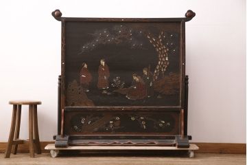 和製アンティーク　希少品!漆絵と螺鈿細工が施された、趣ある佇まいの時代衝立(つい立て、パーテーション)(R-050454)