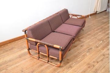 和製ヴィンテージ　希少!　ヤマカワ　ラタン製の3人掛けソファ(3Pソファ、ビンテージ)(R-050463)