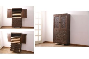 中古　伝統工芸　軽井沢彫り　竹の彫刻が見事な衣装盆付きの重ね箪笥(和タンス、着物箪笥、衣装箪笥)(R-050464)