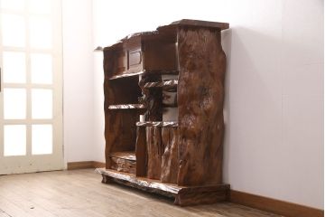 中古　民芸家具　屋久杉を贅沢に使った見応え抜群の飾り棚(茶棚、収納棚)(定価約230万円)(R-050486)