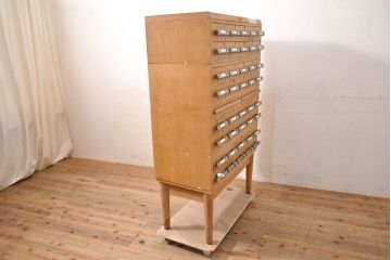 【簡易リペア限定品】和製ビンテージ　昭和レトロ　KIHARA　ナチュラルスタイルの収納におすすめのナラ材製ネームプレート付きカードケース(引き出し、チェスト、ヴィンテージ、図書館、図書室)(R-050541)