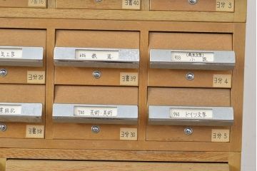 【簡易リペア限定品】和製ビンテージ　昭和レトロ　KIHARA　お洒落な小物収納が叶うナラ材製ネームプレート付きカードケース(引き出し、チェスト、ヴィンテージ、図書館、図書室)(R-050543)