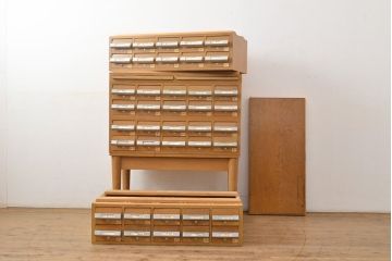 【簡易リペア限定品】和製ビンテージ　昭和レトロ　KIHARA　お洒落な小物収納が叶うナラ材製ネームプレート付きカードケース(引き出し、チェスト、ヴィンテージ、図書館、図書室)(R-050543)